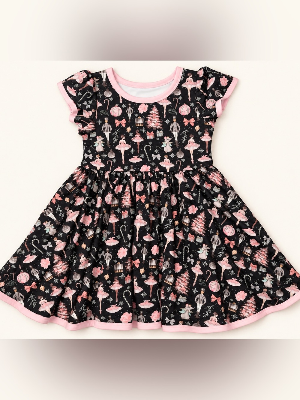 Girls Black Dress with Pink Ballerina Print - Casual Twirl Dress. Nutcracker